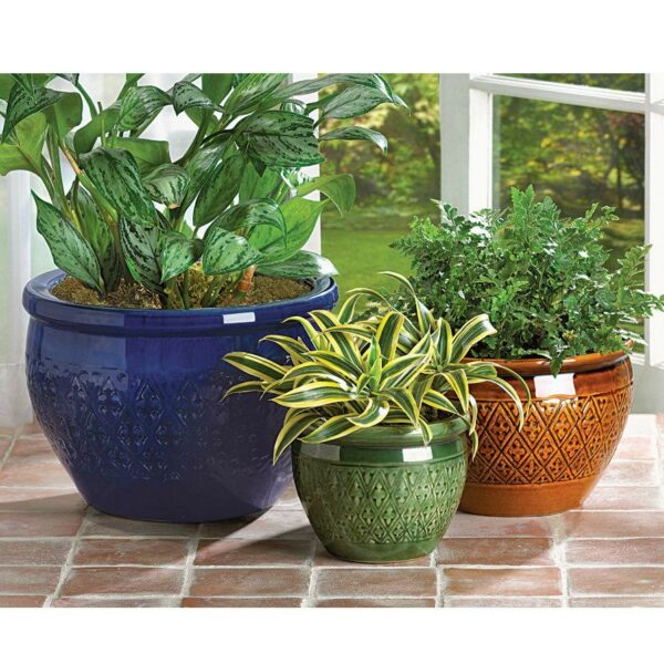 Embossed Jewel Tone Ceramic Planter Set - Image 2